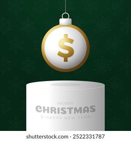 Money Christmas Greeting card. Merry Christmas and happy new year dollar greeting card. Hang on a thread green and red xmas ball bauble on green on background. Sport Vector illustration.