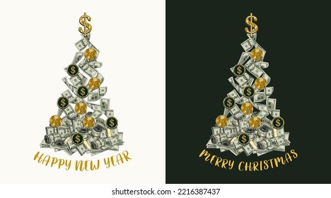 Money Christmas tree made of falling 100 dollar banknotes into heap of money. Pile of cash money. Color isolated vector illustration in vintage style.