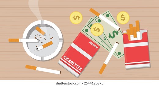 Money, cigarette packages and ashtray with cigarettes and butts on wooden table. Smoking break. Wooden desk above view. Smoldering cigarette with smoke. Vector illustration flat design