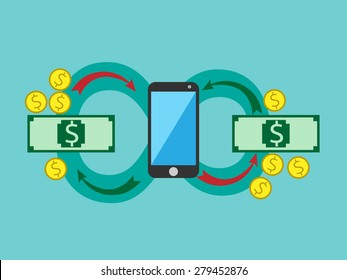 Money Circulating Through Smart Phone. Mobile Payments, Balance Recharge, Earnings, Profit, Salary, Mobile Bank Or Budget Management Concept. EPS 10 Vector Illustration, No Transparency