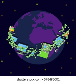 Money circulation around Earth. Computer, phone, ATM, card and cash. World remittance infographic. Vector illustration flat style.