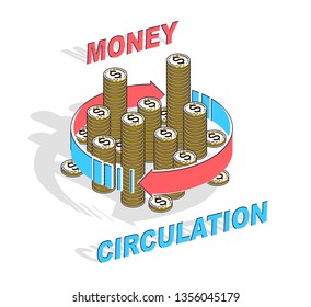 Money Circulation concept, cash money stack with radial loop arrows around. Vector 3d isometric business and finance illustration, thin line design.