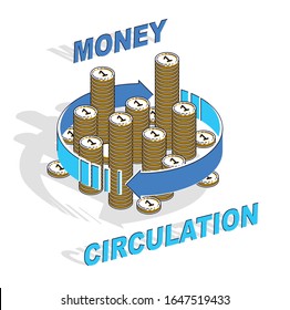 Money Circulation concept, cash money stack with radial loop arrows around. Vector 3d isometric business and finance illustration, thin line design.