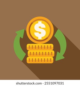 Money circulation concept with stack of growing golden coins and green arrows around, financial success, profit, income flat style design vector illustration with long shadow