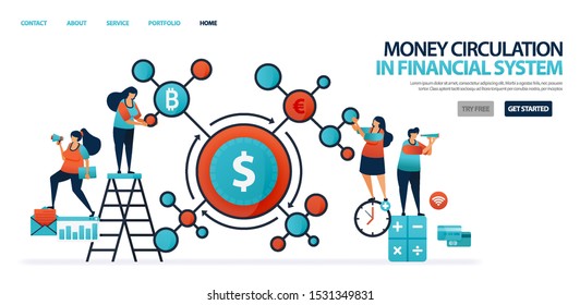 Money circulation in the financial system in modern banking. financial network in countries and banks. system of credit and loan from banks to businesses. illustration for website, mobile apps, poster