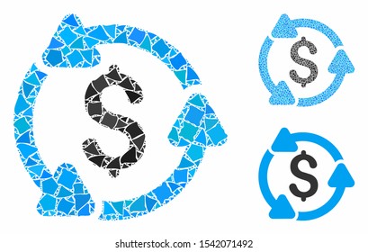 Money circulation mosaic of unequal parts in various sizes and color tones, based on money circulation icon. Vector humpy parts are composed into mosaic.