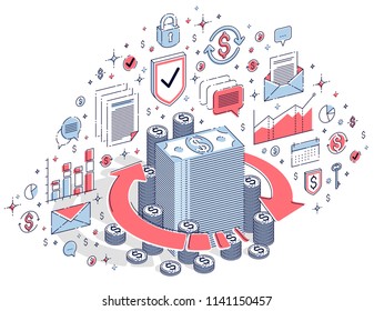Money circulation, return on investment, currency exchange, cash back, money refund, concepts can be used. Vector 3d isometric business illustration with icons, stats charts and design elements.