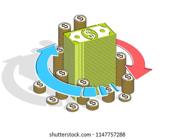 Money circulation, return on investment, currency exchange, cash back, money refund, concepts can be used. Vector illustration of cash money stack with radial loop arrows around, 3d isometric.
