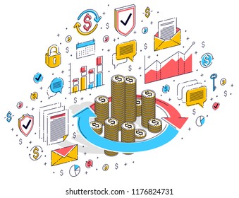 Money circulation, return on investment, currency exchange, cash back, money refund, concepts can be used. Vector 3d isometric business illustration with icons, stats charts and design elements.