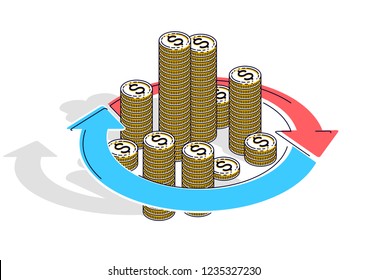Money circulation, return on investment, currency exchange, cash back, money refund, concepts can be used. Vector illustration of cash money stack with radial loop arrows around, 3d isometric.