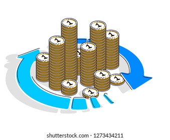Money circulation, return on investment, currency exchange, cash back, money refund, concepts can be used. Vector illustration of cash money stack with radial loop arrows around, 3d isometric.