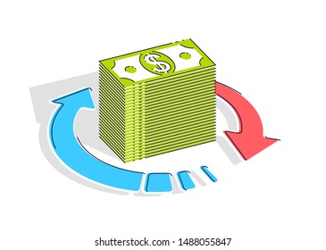 Money circulation, return on investment, currency exchange, cash back, money refund, concepts can be used. Vector illustration of cash money stack with radial loop arrows around, 3d isometric.
