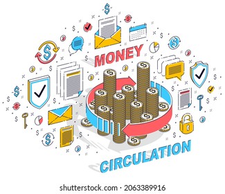 Money circulation, return on investment, currency exchange, cash back, money refund, concepts can be used. Vector 3d isometric business illustration with icons, stats charts and design elements.