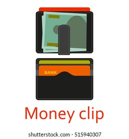 Money clip with cash and cards. Shopping icons in flat style. Vector illustration.