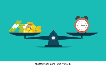 Money and clock on scale balance. Time is money concept. Weight of time against weight of money. Flat icon of comparison of value and price. Compare and seesaw of profit. Vector.