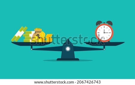 Money and clock on scale balance. Time is money concept. Weight of time against weight of money. Flat icon of comparison of value and price. Compare and seesaw of profit. Vector.