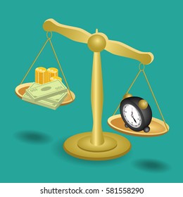 Money and clock on the scales. Time and money. Isometric view.