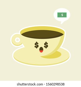 money coffee character in flat style vector illustration . coffee cup cartoon character with funny expression