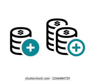 Money coin with add icon. Vector illustration