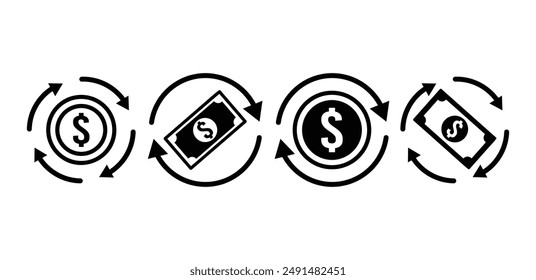 money coin with arrow round rotation icon symbol sign vector design black white color illustration collections