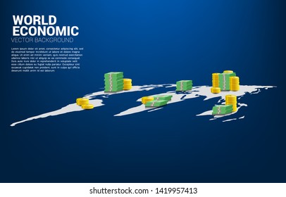 money coin and banknote stack on world map. Concept for world economy and global business investment 