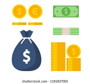 Money. Coin, banknotes, money bag dollars Flat style Vector illustration