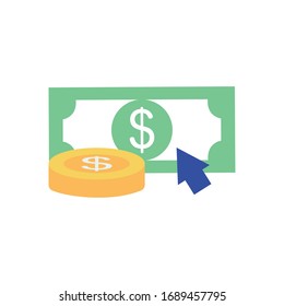money coin and bill with cursor icon over white background, flat style, vector illustration