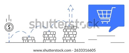 Money coin bouncing on stacks of coins, progressively increasing in height, leading to an upward arrow and large blue shopping cart in speech bubble. Ideal for finance, e-commerce, investment