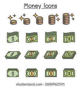 Money ,Coin, Cash, Currency , Bank note icon set in colorline style