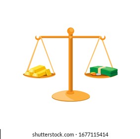 money coin cash and gold bar on balance. cartoon flat illustration symbol vector isolated in white background