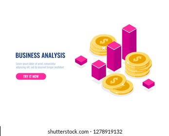 Money coin with chart, financial statistics, course of dollar currency, exchange rate, business news concept for web design, isometric flat vector illustration