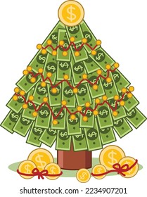 ilustración vectorial de árboles de navidad y de moneda con luz de la gráfica de trineo