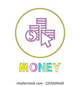 Money coin column with dollar symbol and cursor depiction. Minimalist round framed cash earning and saving icon in linear style for bank website interface.