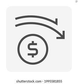 Money coin decrease vector design. That icon, sign or symbol. Consist of round circle coin, dollars currency sign and drop down arrow. Crisis concept for financial, economy, stock or salary. 48x48 px.