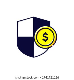 Money coin dollar protection currency icon with shield design elements. flat design outline style vector illustration on white background.