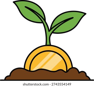 Money coin emerging from soil with fresh green leaves, symbolizing financial growth, investment, and the start of a prosperous venture.