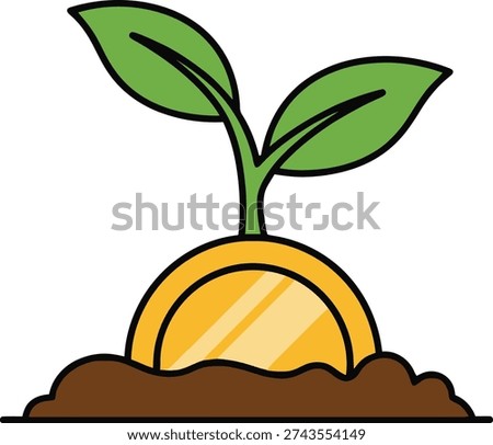 Money coin emerging from soil with fresh green leaves, symbolizing financial growth, investment, and the start of a prosperous venture.