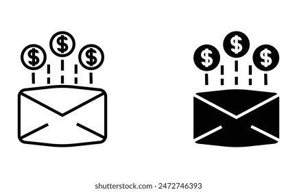 Money coin fall to envelope, finance, salary and budget icon vector