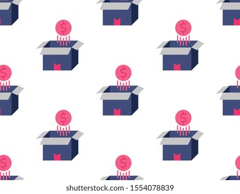money coin float over open box seamless pattern design, Repeat textile design. Fabric print.
