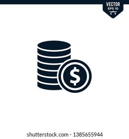 Money coin icon collection in glyph style, solid color vector