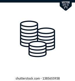 Money coin icon collection in outlined or line art style, editable stroke vector