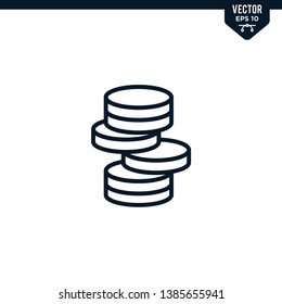 Money coin icon collection in outlined or line art style, editable stroke vector