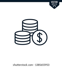 Money coin icon collection in outlined or line art style, editable stroke vector