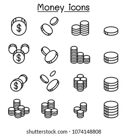 Money & Coin icon set in thin line style