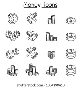 Money & coin icon set in thin line style