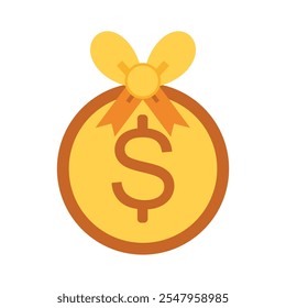 Money coin icon, coin with yellow ribbon on top, Minimalist vector illustration.