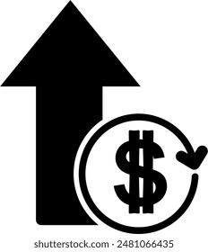 money coin increase icon, vector design. Icon, sign or symbol. Consisting of coins, round circles, dollars and upward arrows. Concept of financial progress, economy, shares or salary.