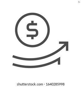 Money coin increase vector design. That icon, sign or symbol. Consist of round or circle coin, dollars currency sign and grow up arrow. Growth concept for financial, economy, stock or salary. 48x48 px