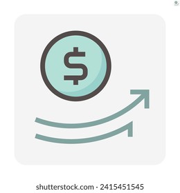Money coin increase vector design. That icon, sign or symbol. Consist of round or circle coin, dollars currency sign and grow up arrow. Growth concept for financial, economy, stock or salary. 48x48 px