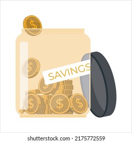 Money coin jar. Coins bottle saving vector illustration, currency funds savings concept, bank jar cash filling, saving coin retire investments. Saving money concept and save money